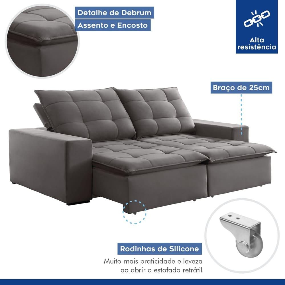 Sofá Retrátil e Reclinável Paris Veludo Cinza 2,50M
