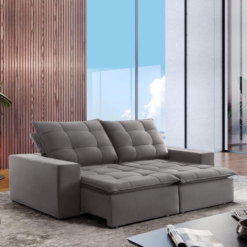 Sofá Retrátil e Reclinável Paris Veludo Cinza 230cm