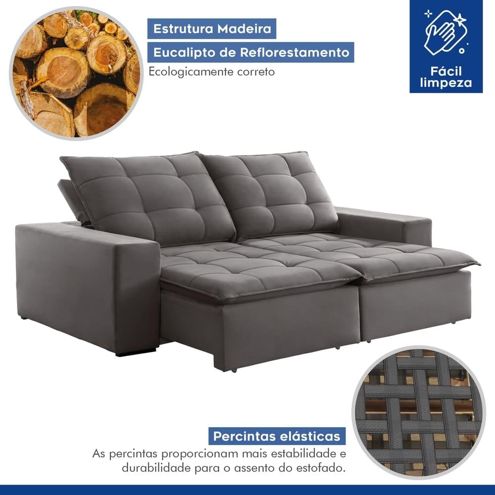 Sofá Retrátil e Reclinável Paris Veludo Cinza 230cm