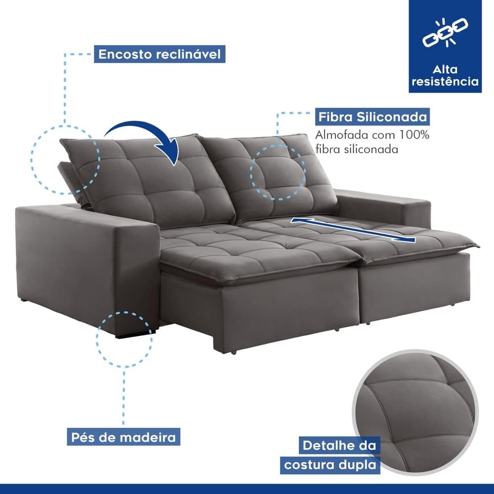 Sofá Retrátil e Reclinável Paris Veludo Cinza 230cm