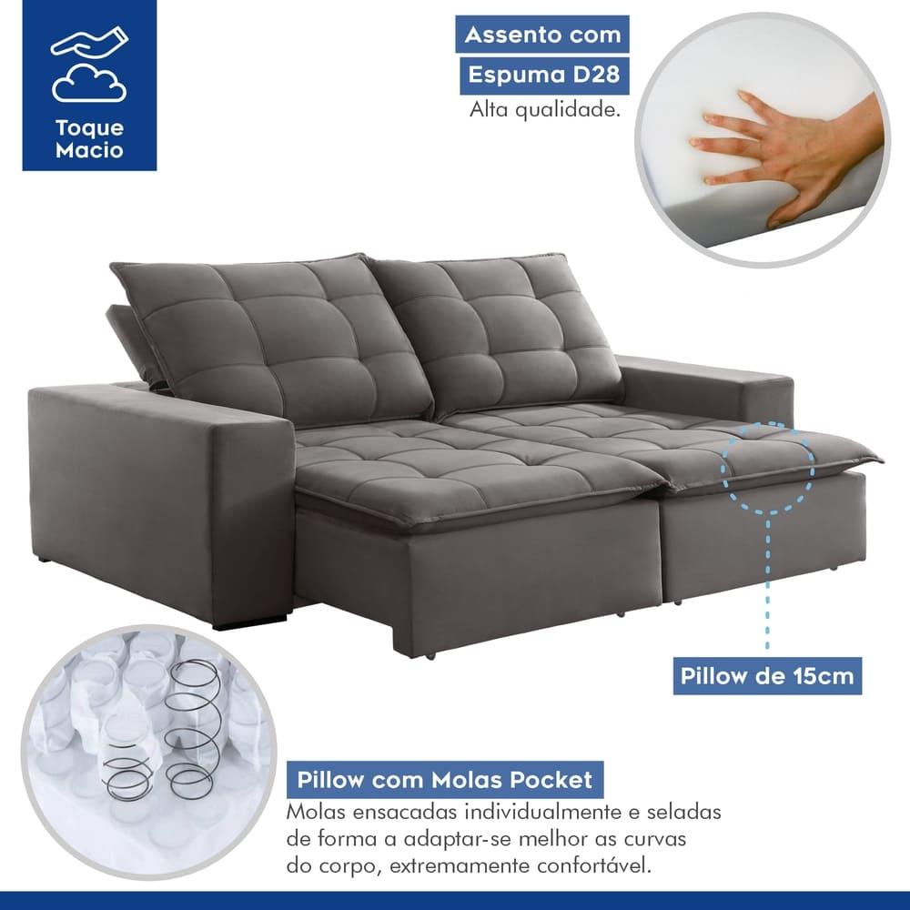 Sofá Retrátil e Reclinável Paris Veludo Cinza 230cm
