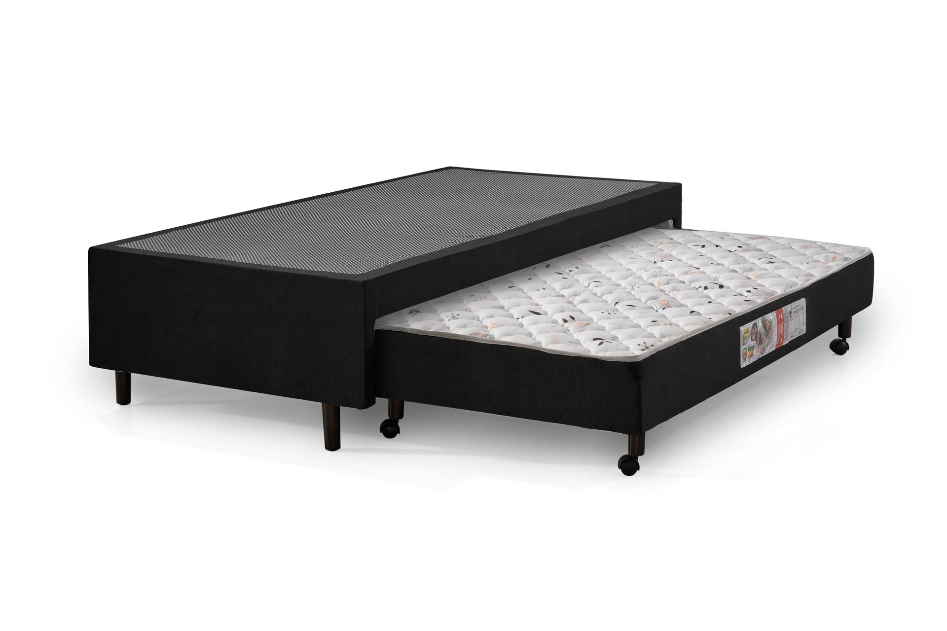 Base Cama Box de Solteiro Preta Com Colchão Auxiliar Espuma D28 Preto Acoplado Rodízios Rodinhas - 88x188x52