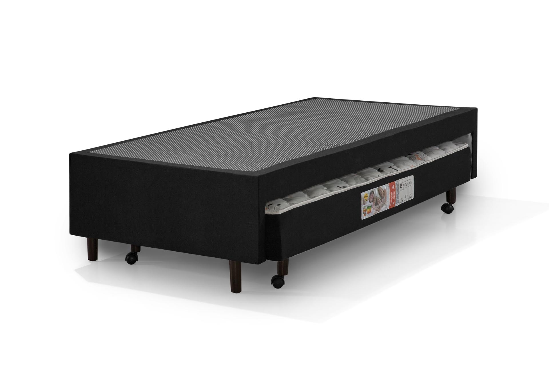 Base Cama Box de Solteiro Preta Com Colchão Auxiliar Espuma D28 Preto Acoplado Rodízios Rodinhas - 88x188x52