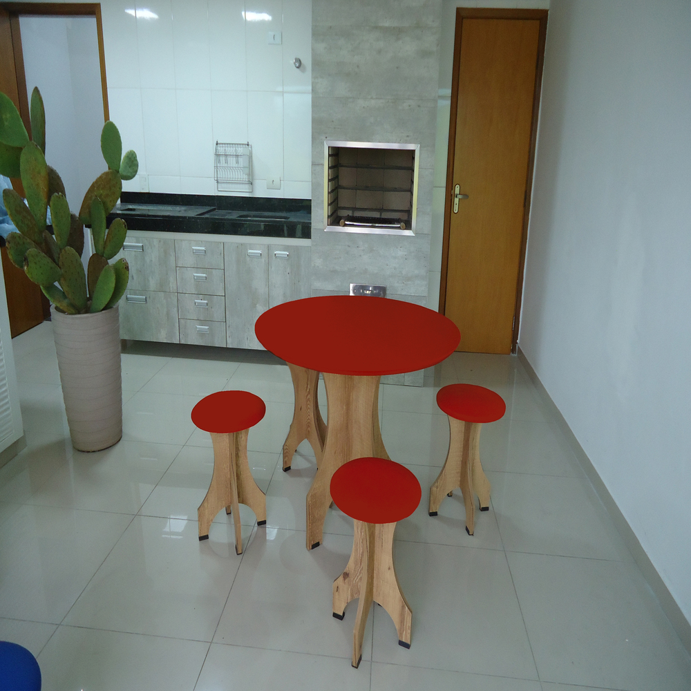 Conjunto de Mesa 78 cm com 4 Banquetas Rubi de Madeira Antígua com Assento Estofado Vermelho Cestari