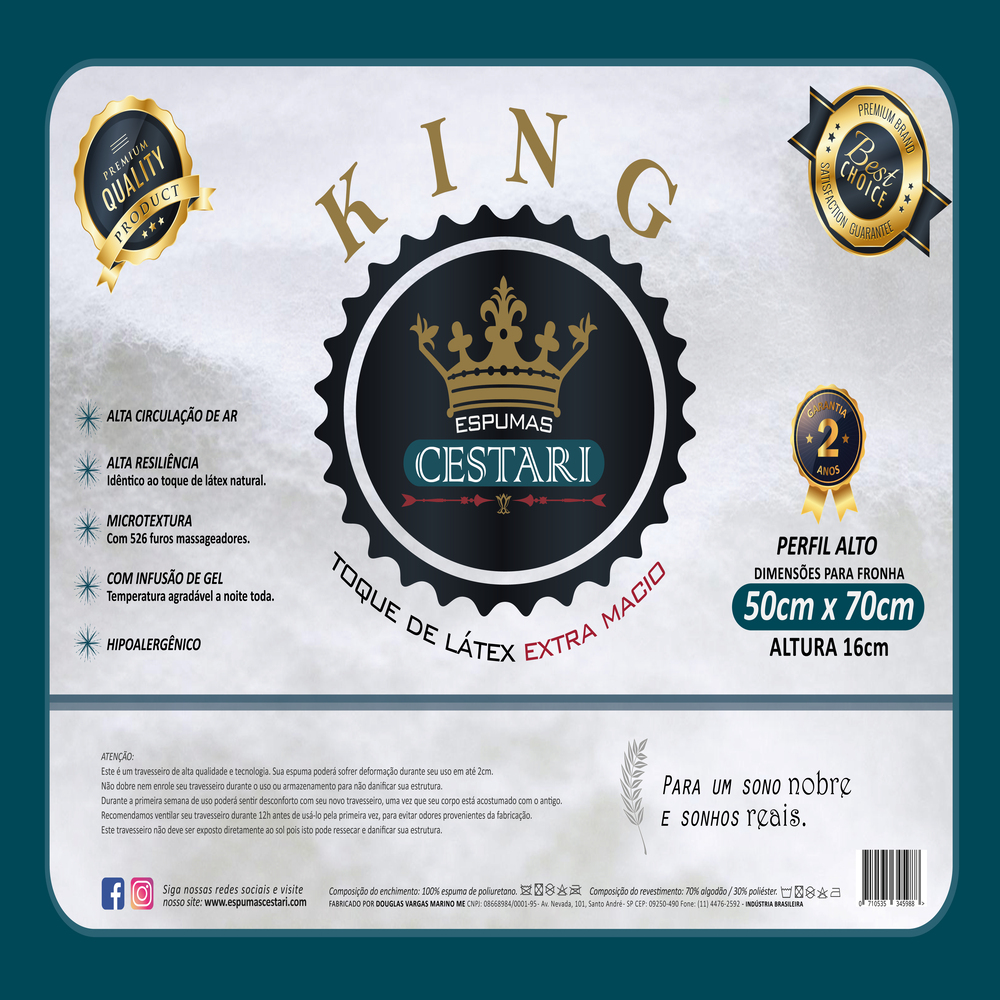 Travesseiro Látex de Poliuretano Antialérgico King Cestari 1 peça