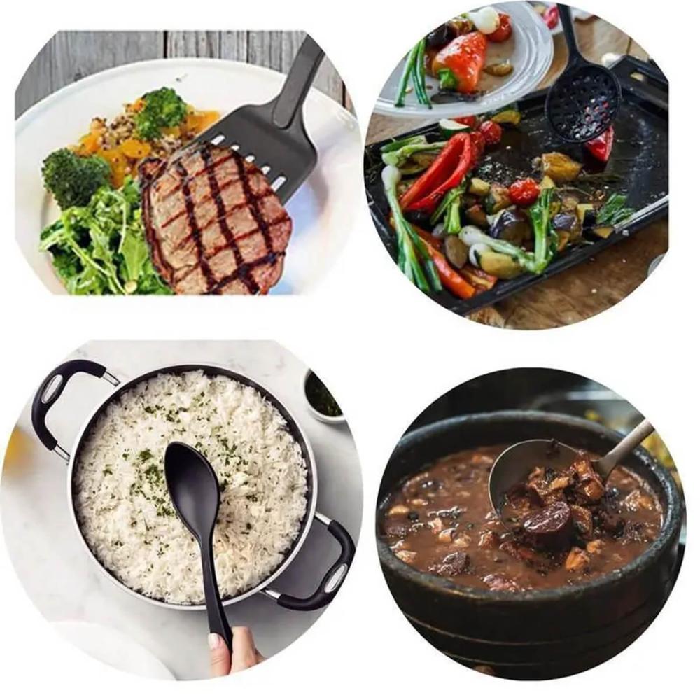 Conjunto 4 Utensílios de Cozinha Plástico Preto Colher Conch