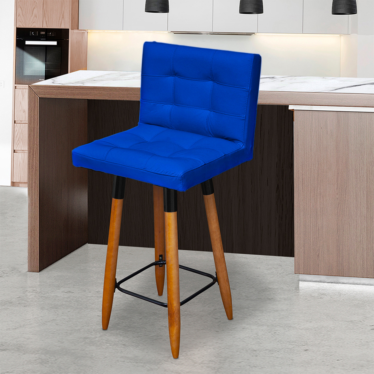 Banqueta Grace Alta Para Areá Gourmet E Balcão Cozinha Corino Azul Royal Pé Castanho - Clique E Decore