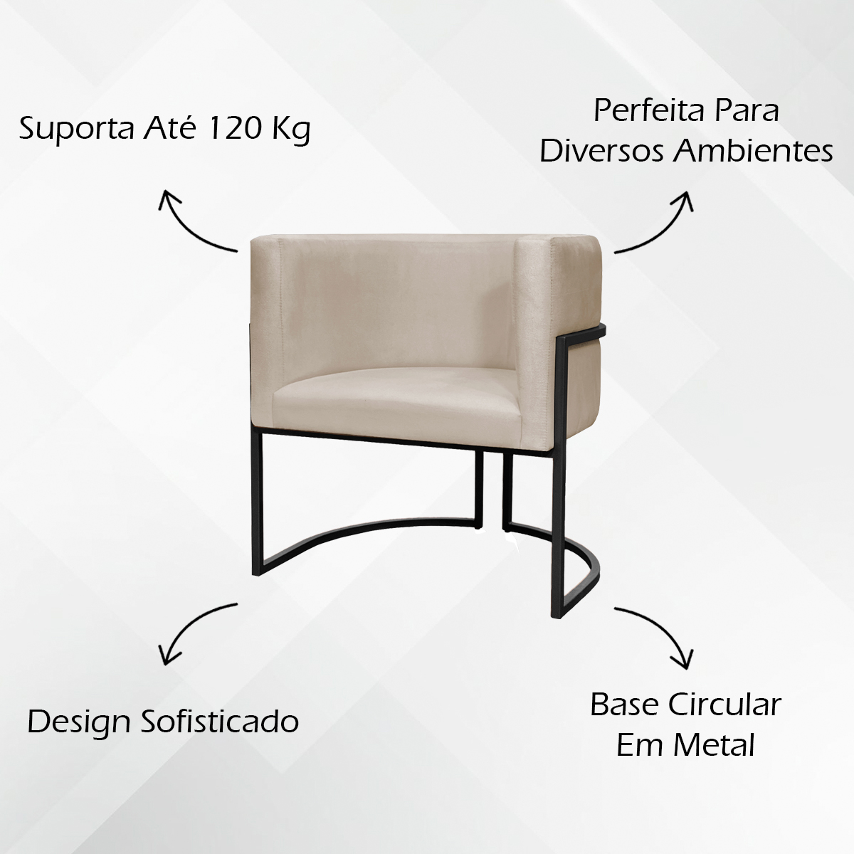 Kit 02 Poltrona Sala Luna Suede BEGE Base de Ferro PRETA