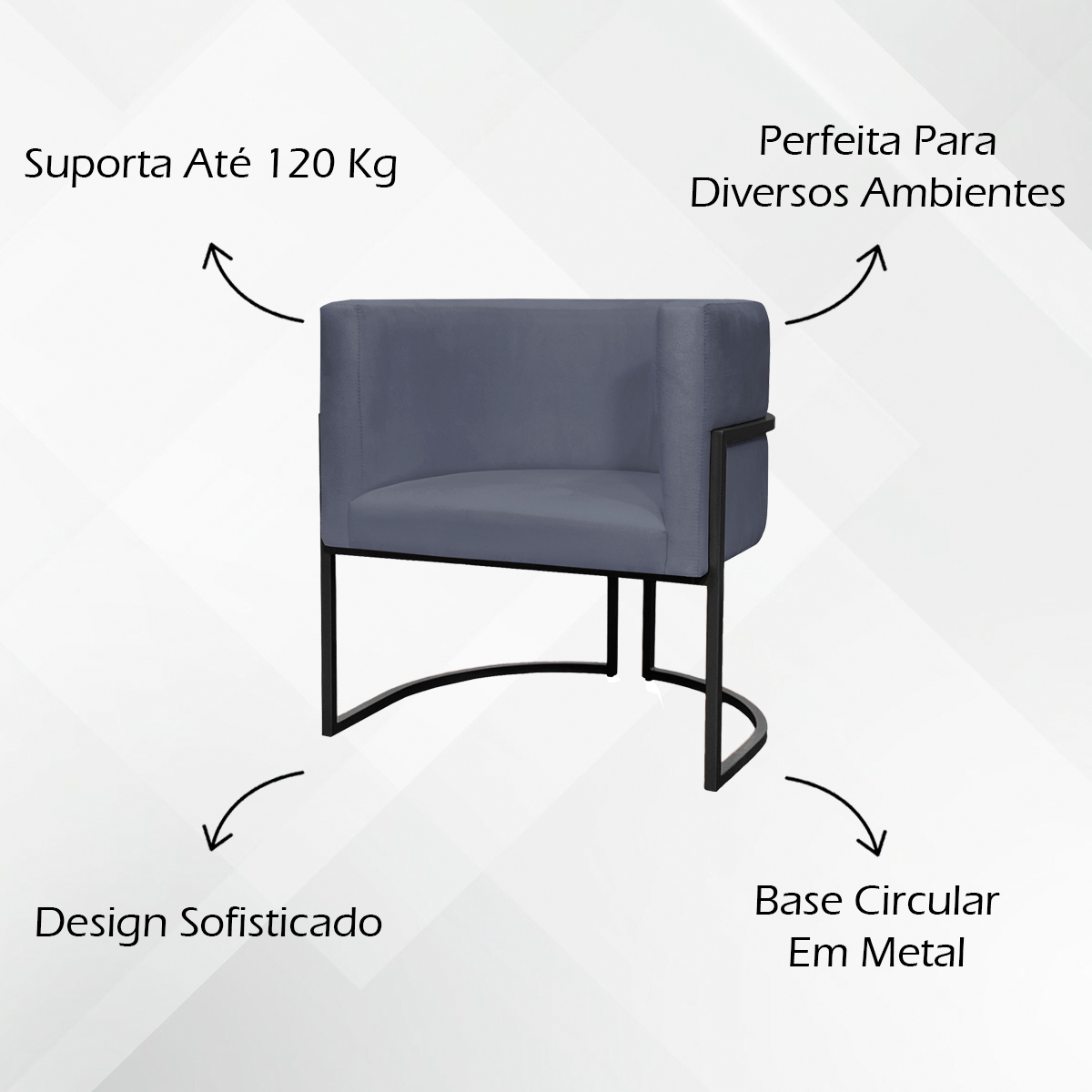Kit 02 Poltrona Sala Luna Suede CINZA Base de Ferro PRETA