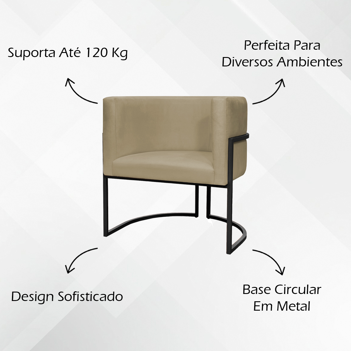 Kit 02 Poltrona Sala Luna Suede NUDE Base de Ferro PRETA