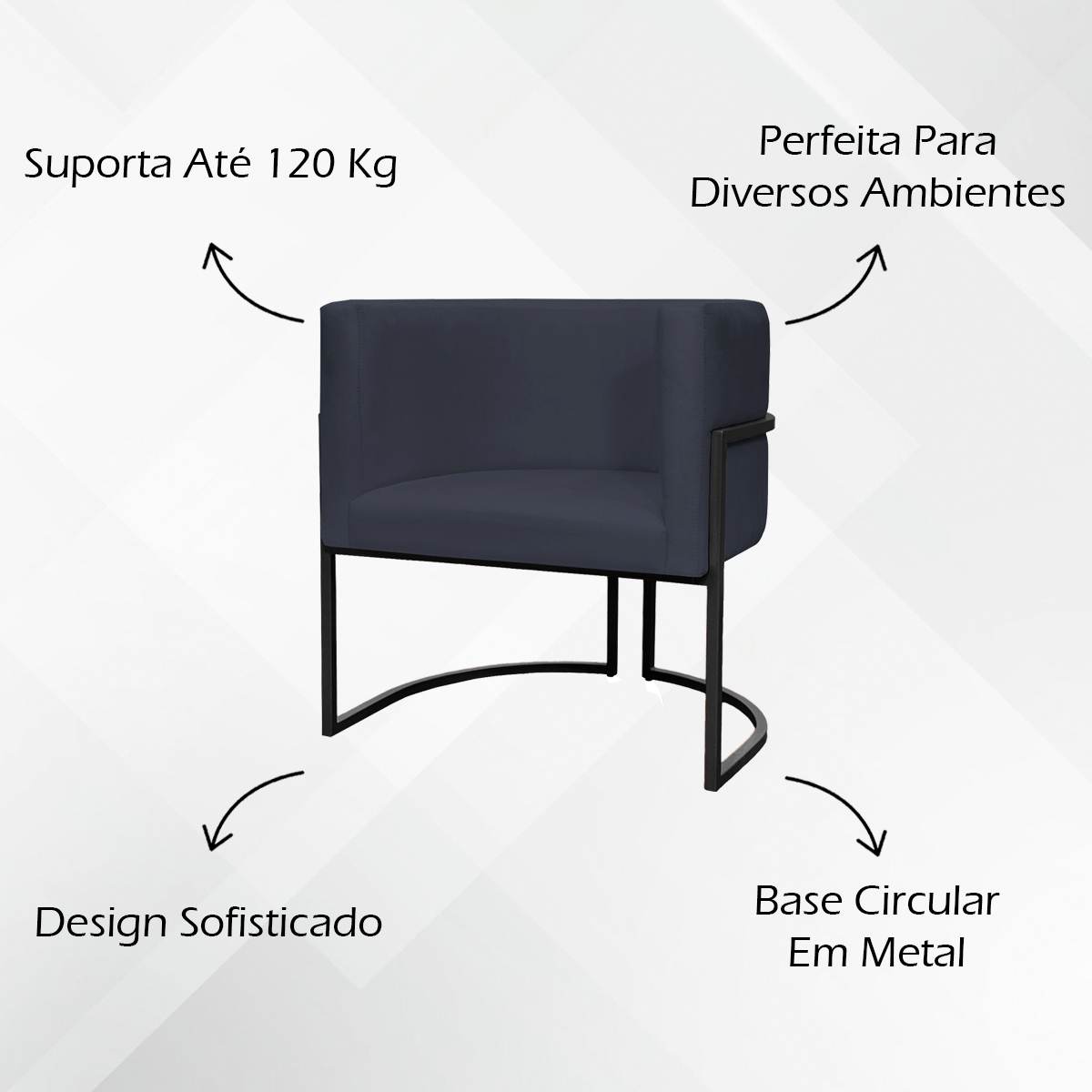 Kit 02 Poltrona Sala Luna Suede PRETA Base de Ferro PRETA