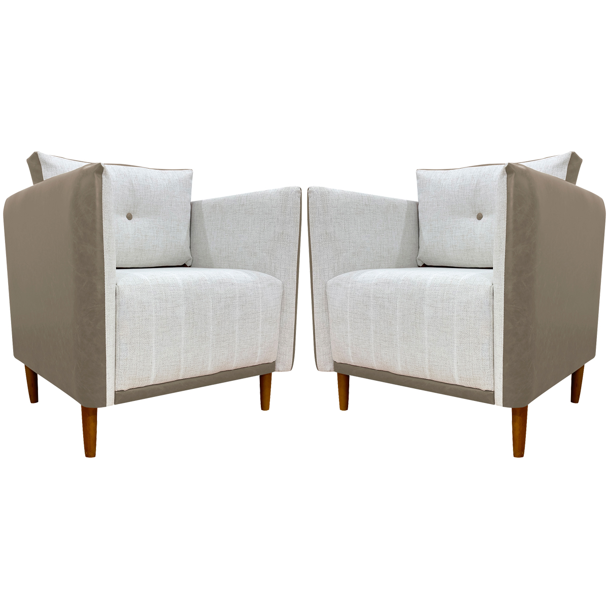 Kit 02 Poltronas Decorativas Aviv Para Sala Luxo Confortável Reforçadas Corino Caramelo e Linho Bege