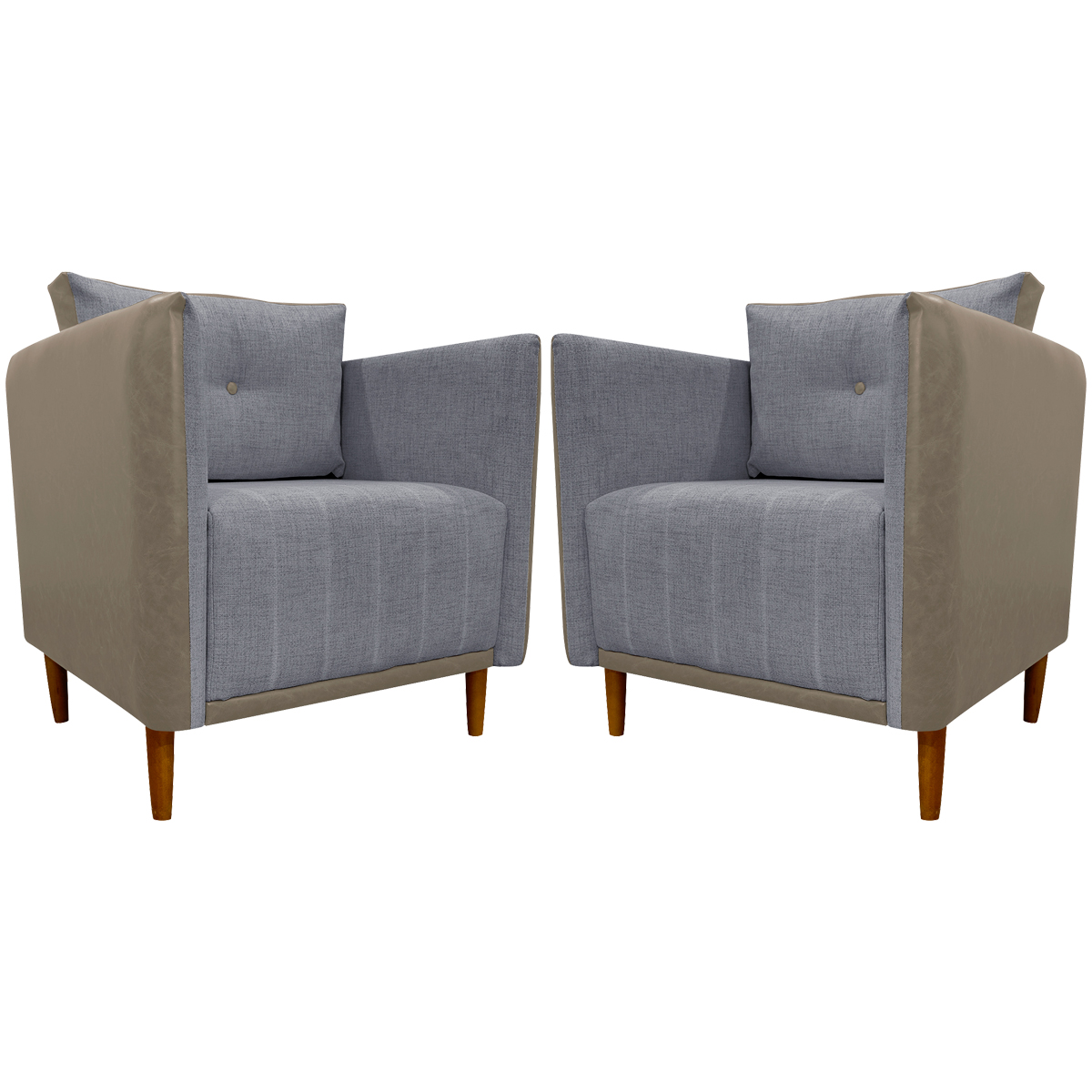 Kit 02 Poltronas Decorativas Aviv Para Sala Luxo Confortável Reforçadas Corino Caramelo e Linho Cinza