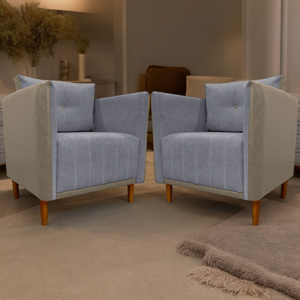 Kit 02 Poltronas Decorativas Aviv Para Sala Luxo Confortável Reforçadas Corino Caramelo e Linho Cinza