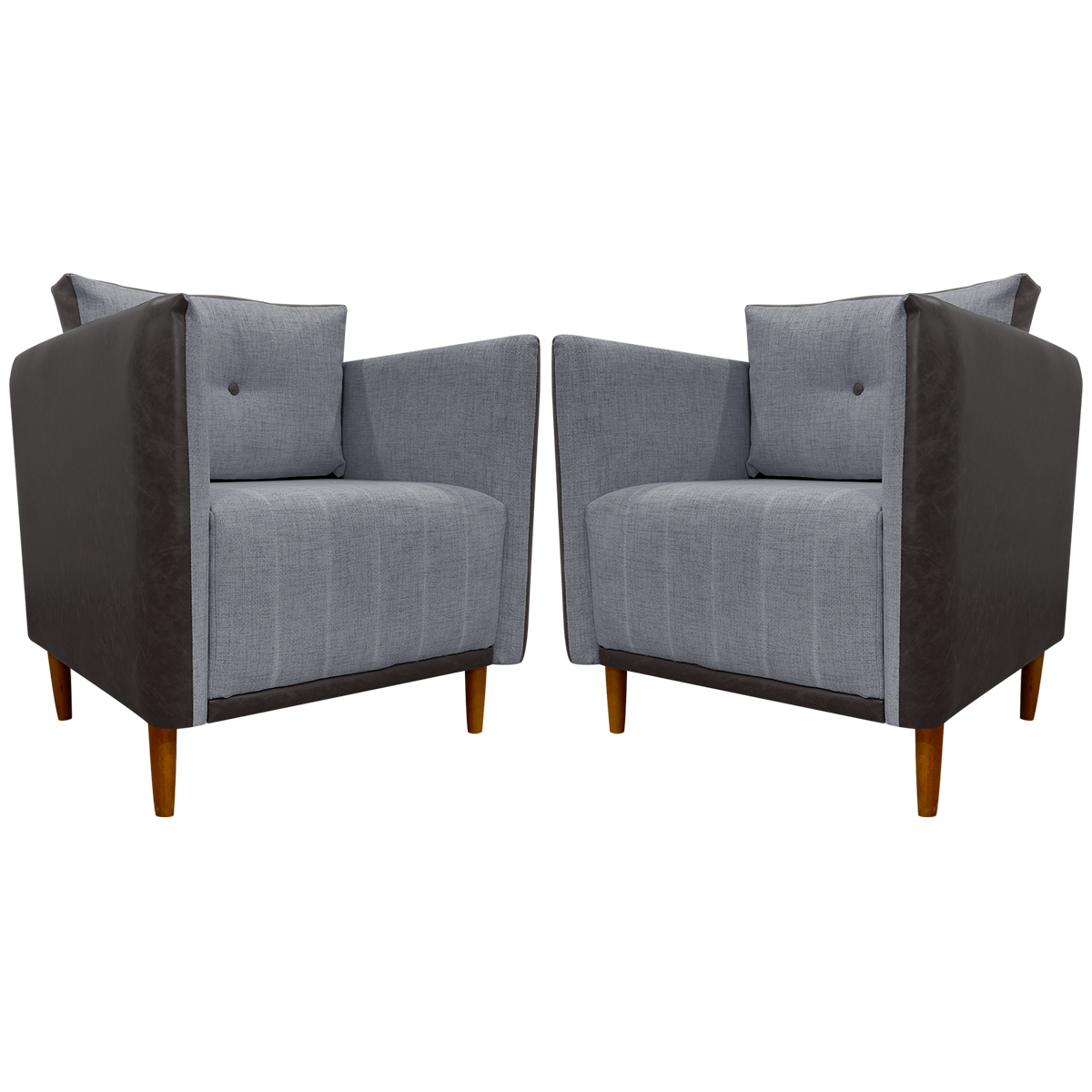 Kit 02 Poltronas Decorativas Aviv Para Sala Luxo Confortável Reforçadas Corino Marrom e Linho Cinza