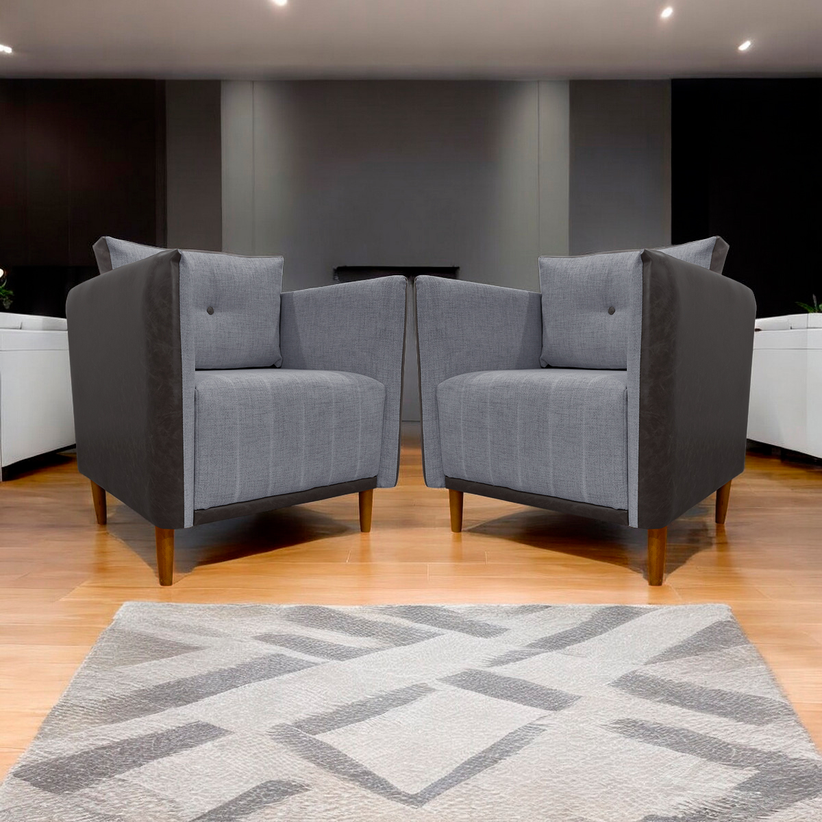 Kit 02 Poltronas Decorativas Aviv Para Sala Luxo Confortável Reforçadas Corino Marrom e Linho Cinza