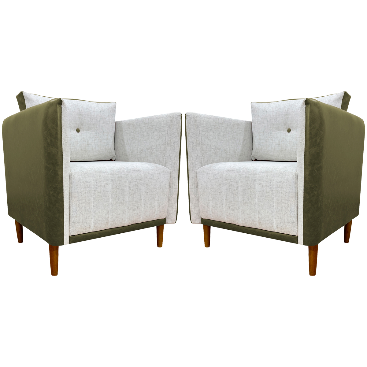 Kit 02 Poltronas Decorativas Aviv Para Sala Luxo Confortável Reforçadas Corino Verde e Linho Bege