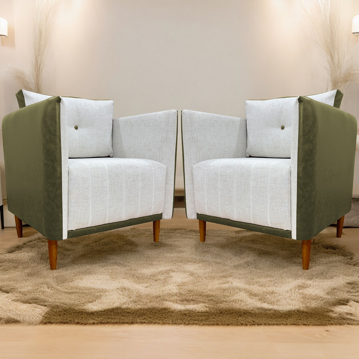 Kit 02 Poltronas Decorativas Aviv Para Sala Luxo Confortável Reforçadas Corino Verde e Linho Bege