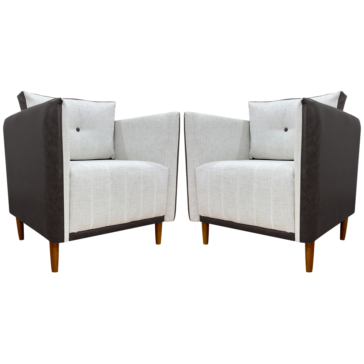 Kit 02 Poltronas Decorativas Aviv Para Sala Luxo Confortável Reforçadas Elegantes Corino Marrom e Linho Bege