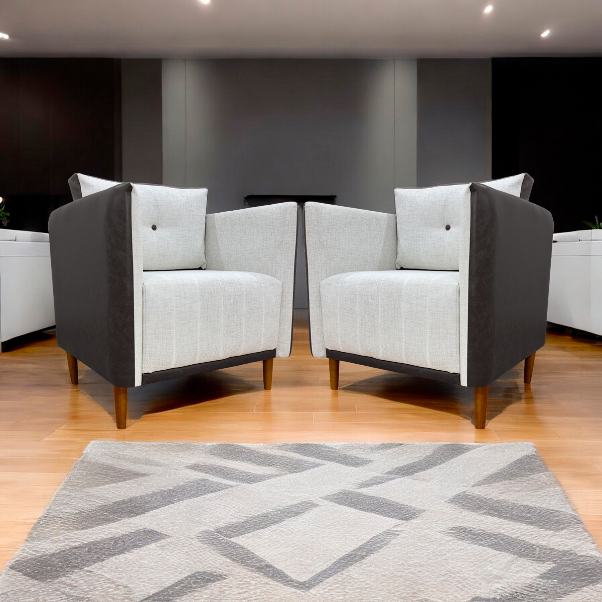 Kit 02 Poltronas Decorativas Aviv Para Sala Luxo Confortável Reforçadas Elegantes Corino Marrom e Linho Bege