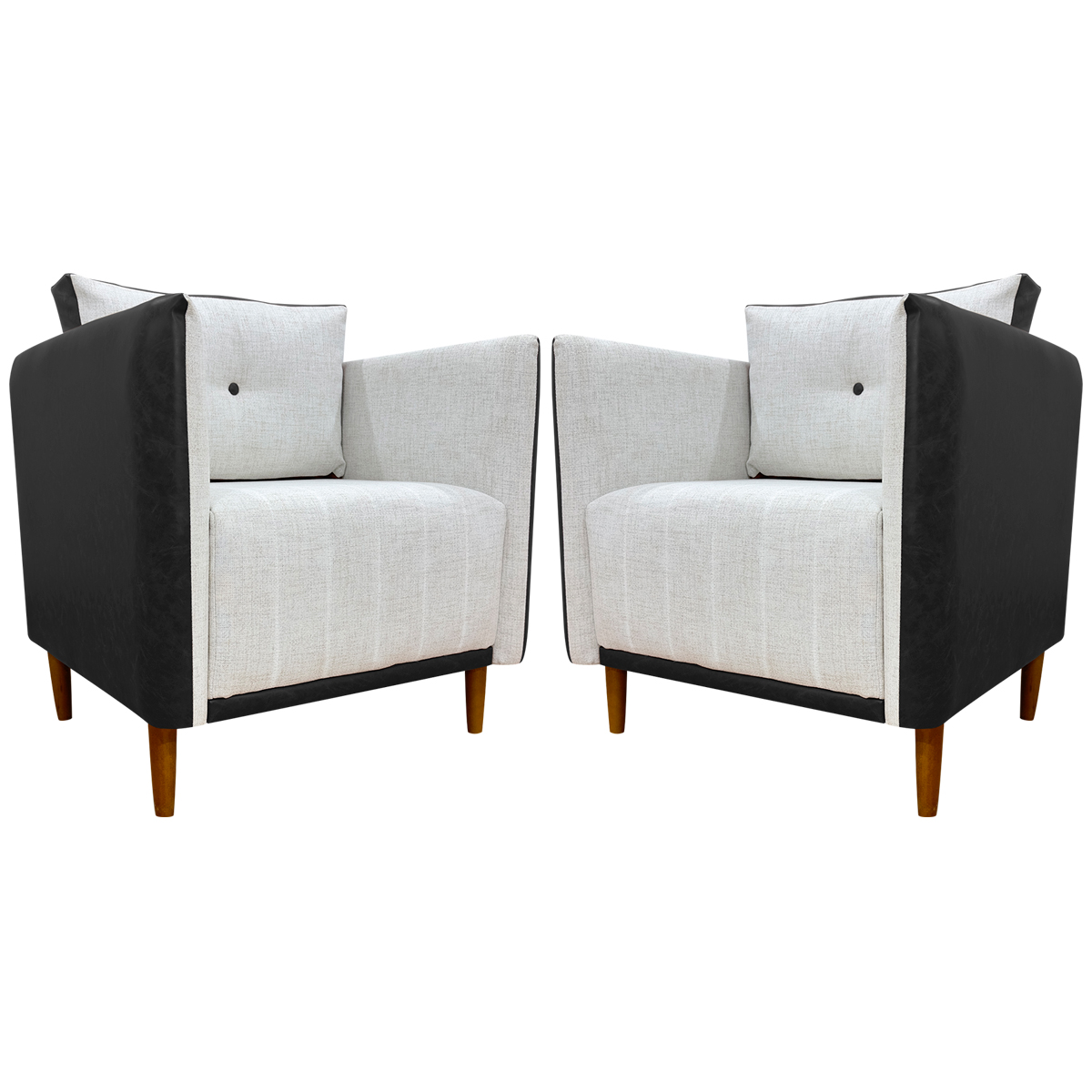Kit 02 Poltronas Decorativas Aviv Para Sala Luxo Confortável Reforçadas Elegantes Corino Preto e Linho Bege