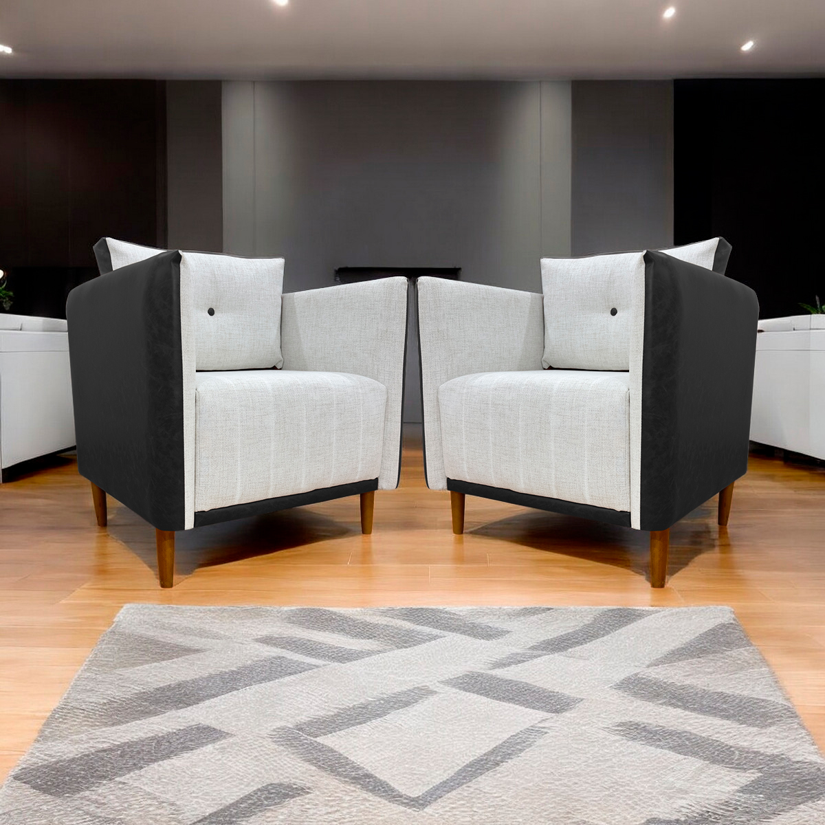 Kit 02 Poltronas Decorativas Aviv Para Sala Luxo Confortável Reforçadas Elegantes Corino Preto e Linho Bege