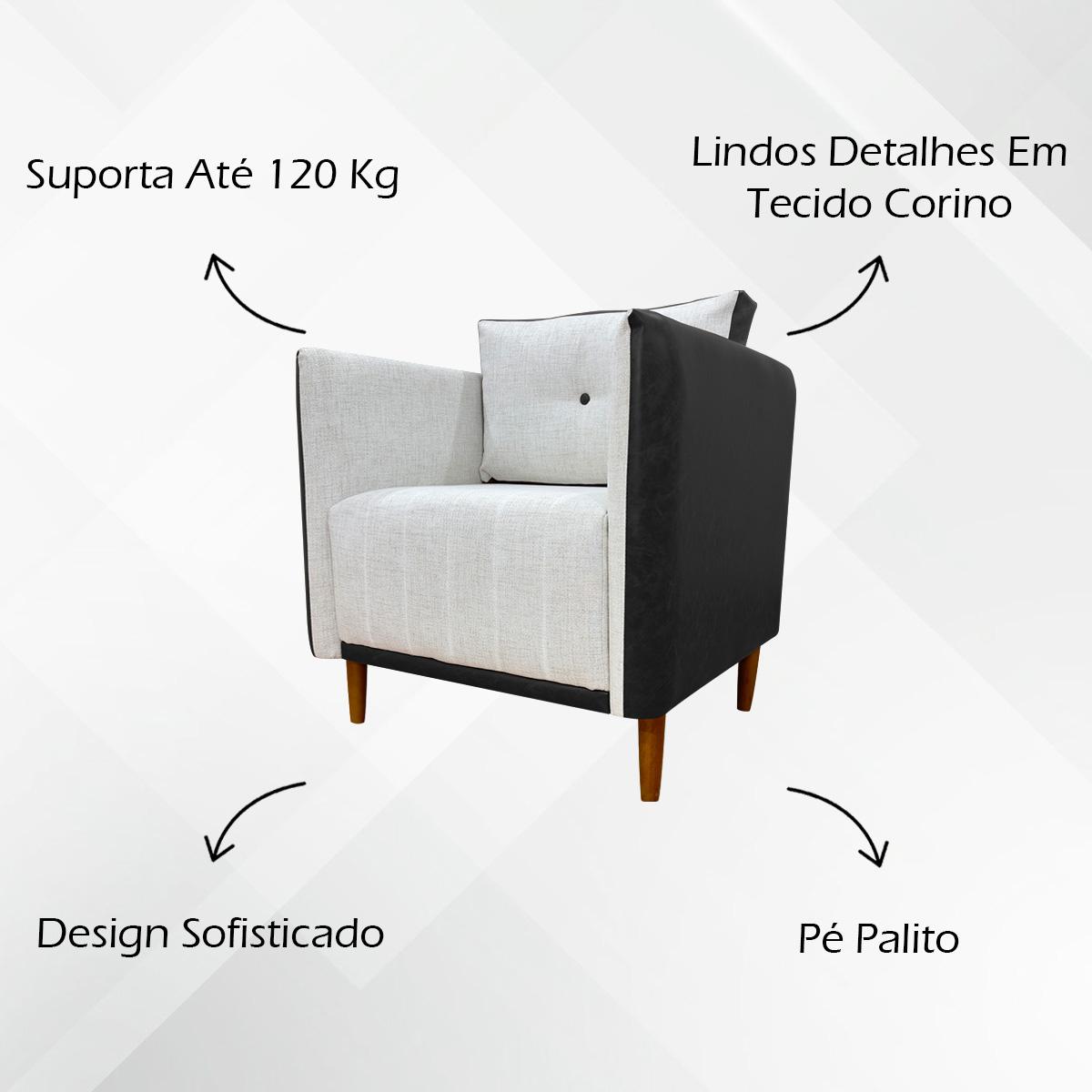 Kit 02 Poltronas Decorativas Aviv Para Sala Luxo Confortável Reforçadas Elegantes Corino Preto e Linho Bege