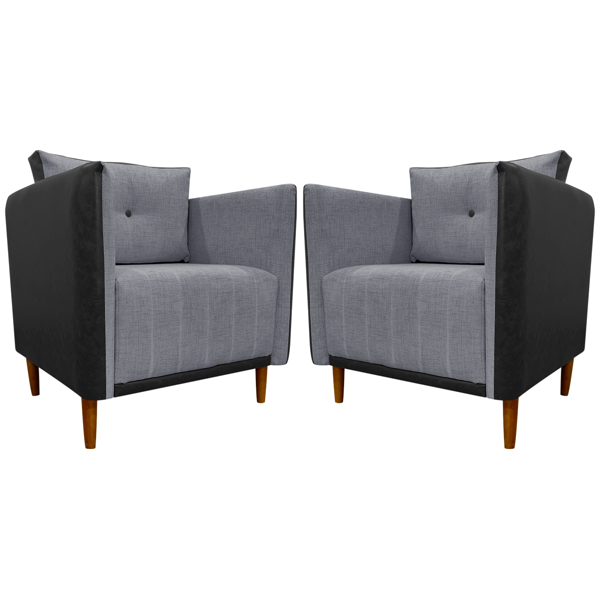 Kit 02 Poltronas Decorativas Aviv Para Sala Luxo Confortável Reforçadas Elegantes Corino Preto e Linho Cinza