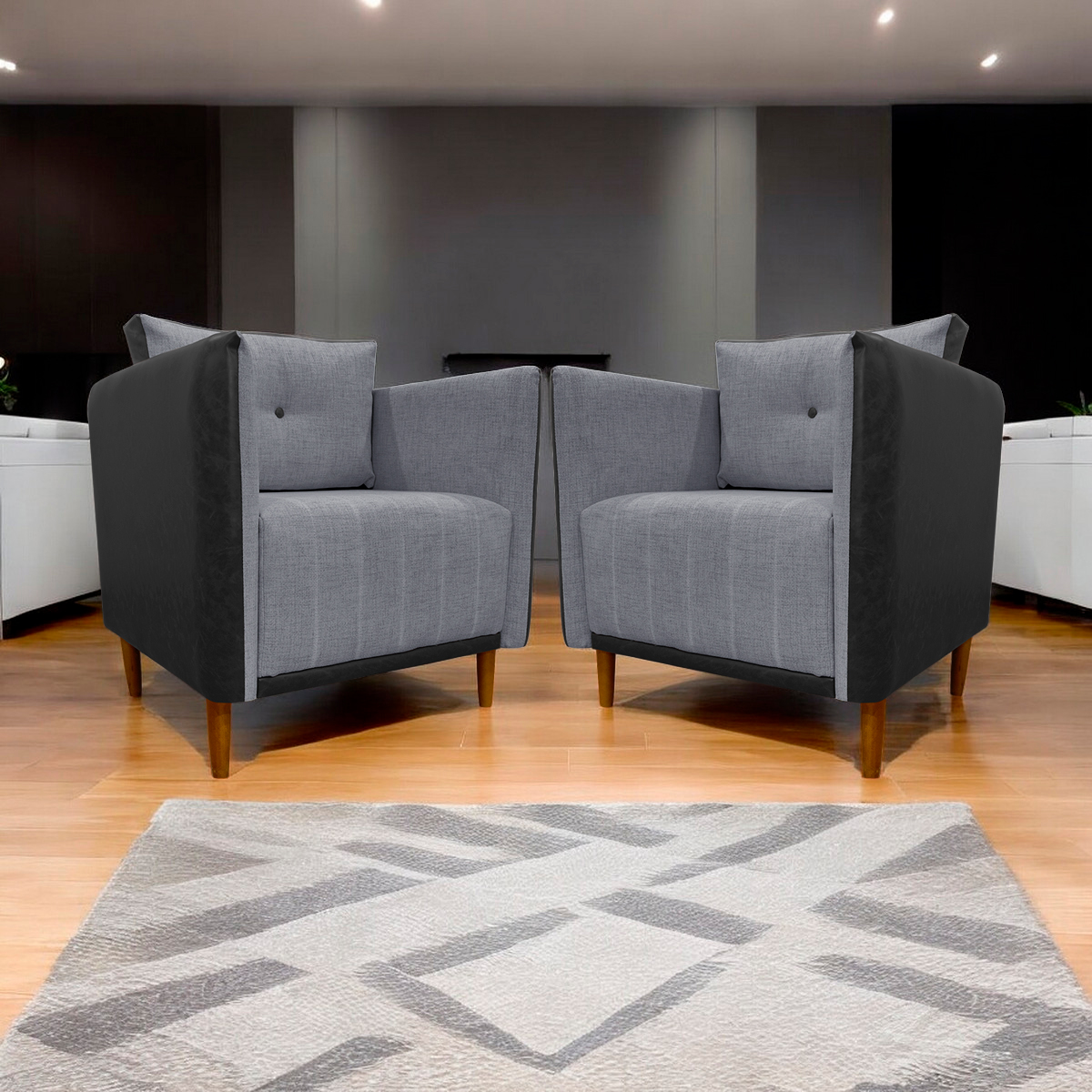 Kit 02 Poltronas Decorativas Aviv Para Sala Luxo Confortável Reforçadas Elegantes Corino Preto e Linho Cinza