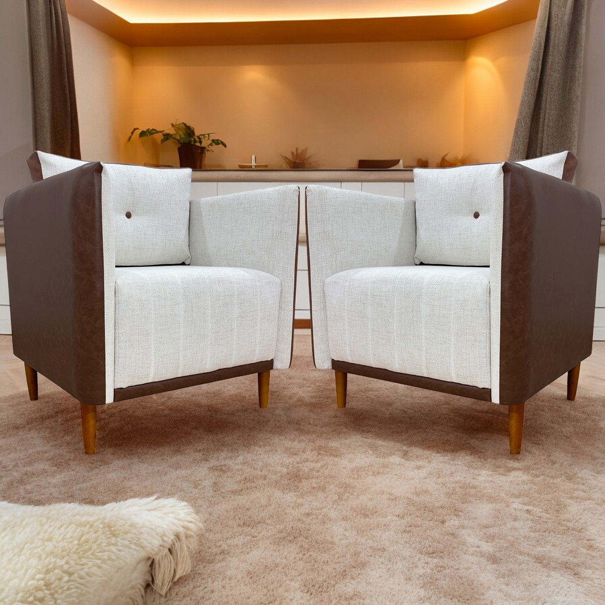 Kit 02 Poltronas Decorativas Aviv Para Sala Luxo Confortável Reforçadas Elegantes Corino Terracota e Linho Bege