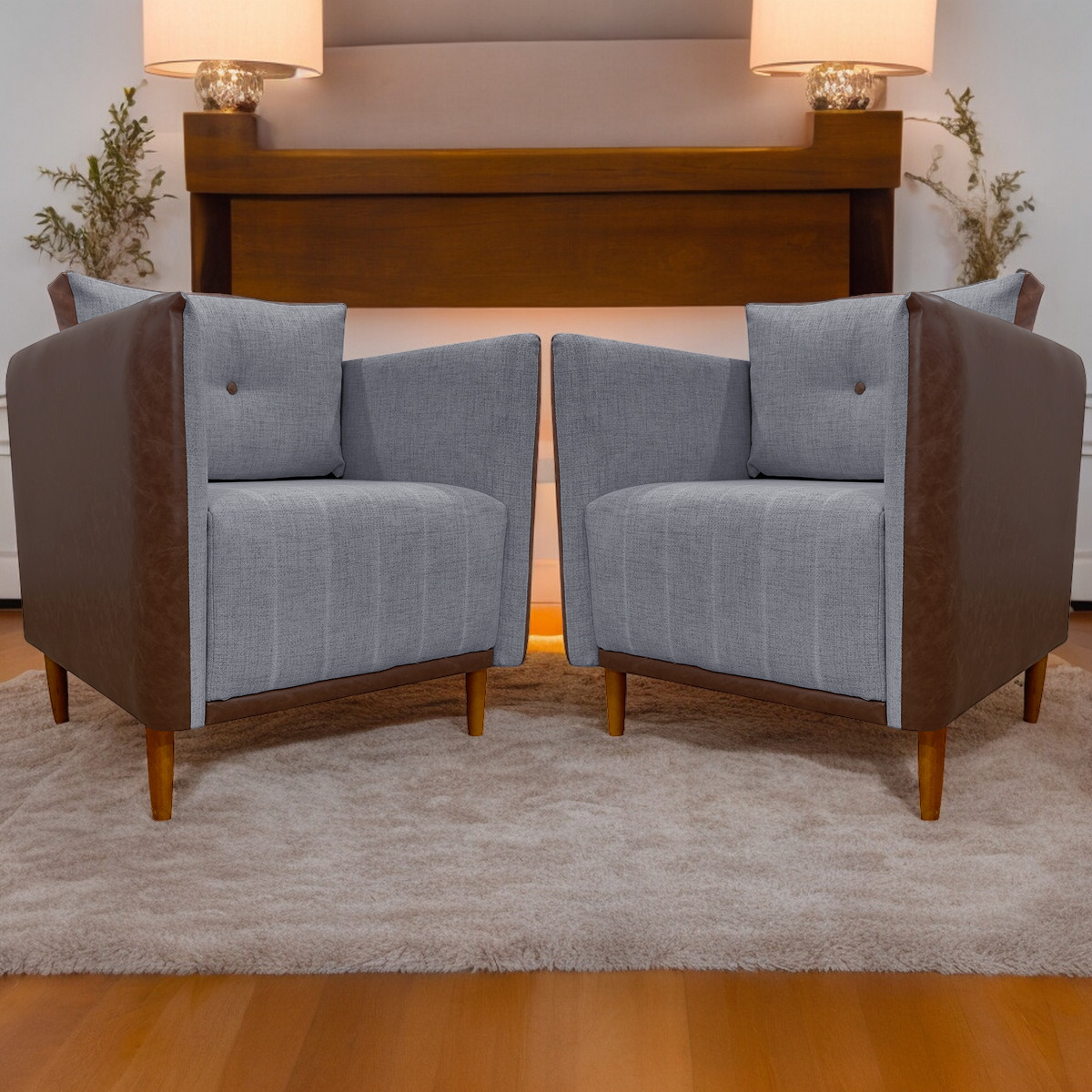 Kit 02 Poltronas Decorativas Aviv Para Sala Luxo Confortável Reforçadas Elegantes Corino Terracota e Linho Cinza