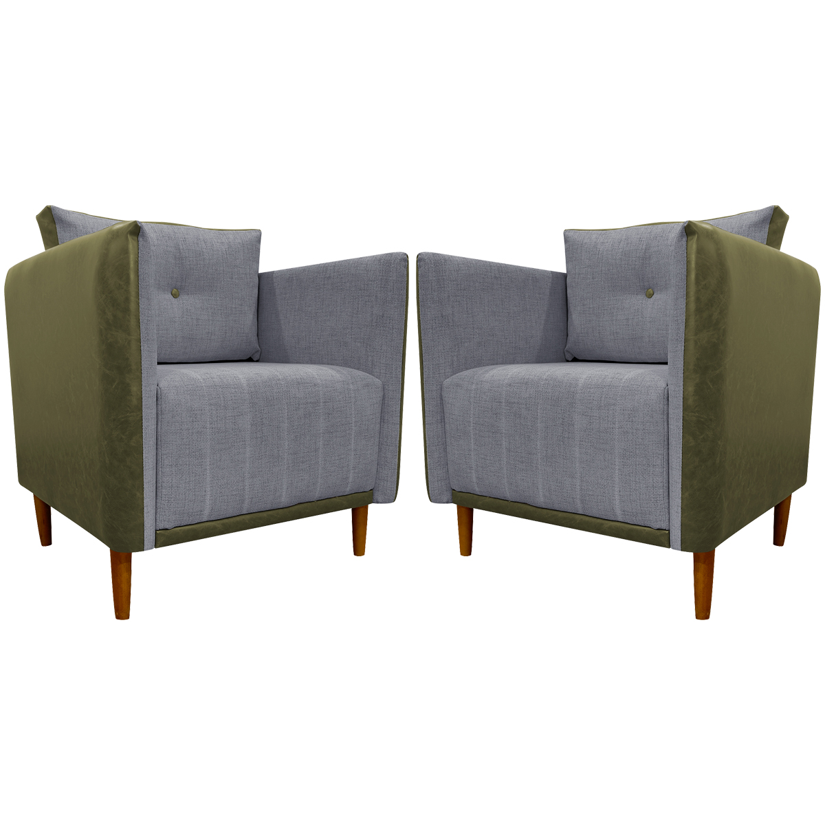 Kit 02 Poltronas Decorativas Aviv Para Sala Luxo Confortável Reforçadas Elegantes Corino Verde e Linho Cinza