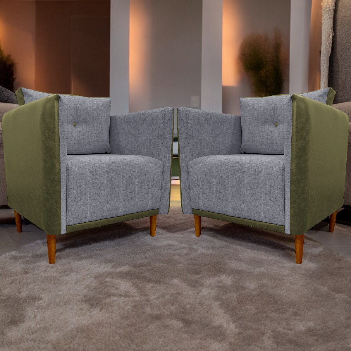 Kit 02 Poltronas Decorativas Aviv Para Sala Luxo Confortável Reforçadas Elegantes Corino Verde e Linho Cinza