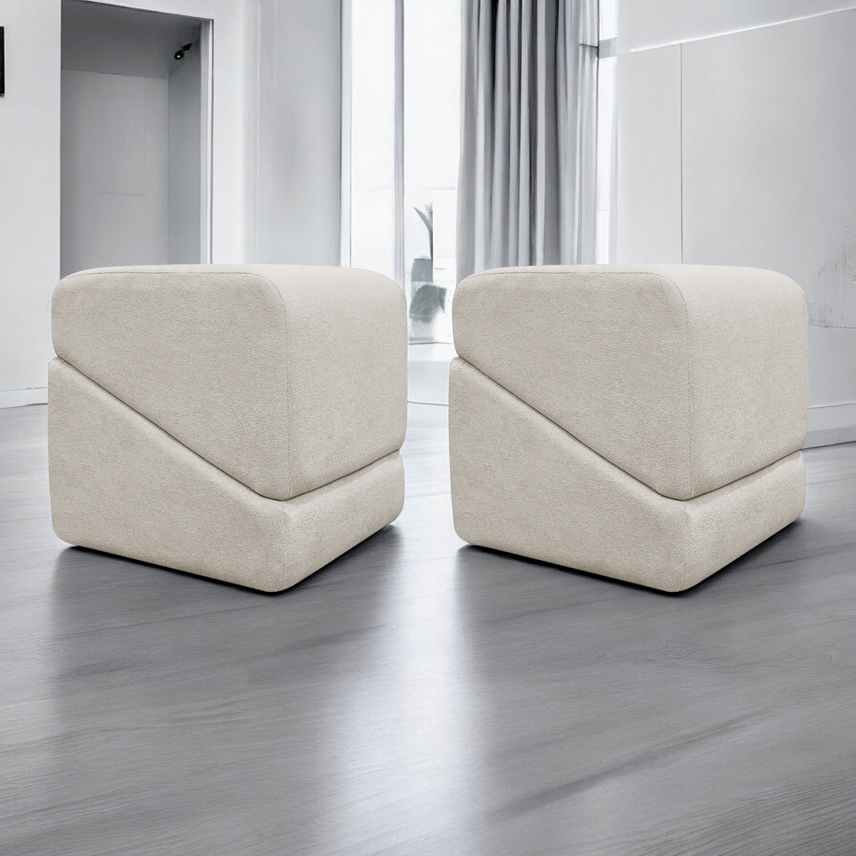 Kit 02 Puff Decorativo Quadrado Para Sala Quarto Penteadeira Sense Boucle Bege