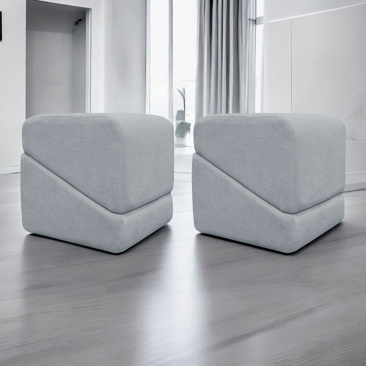 Kit 02 Puff Decorativo Quadrado Para Sala Quarto Penteadeira Sense Boucle Cinza