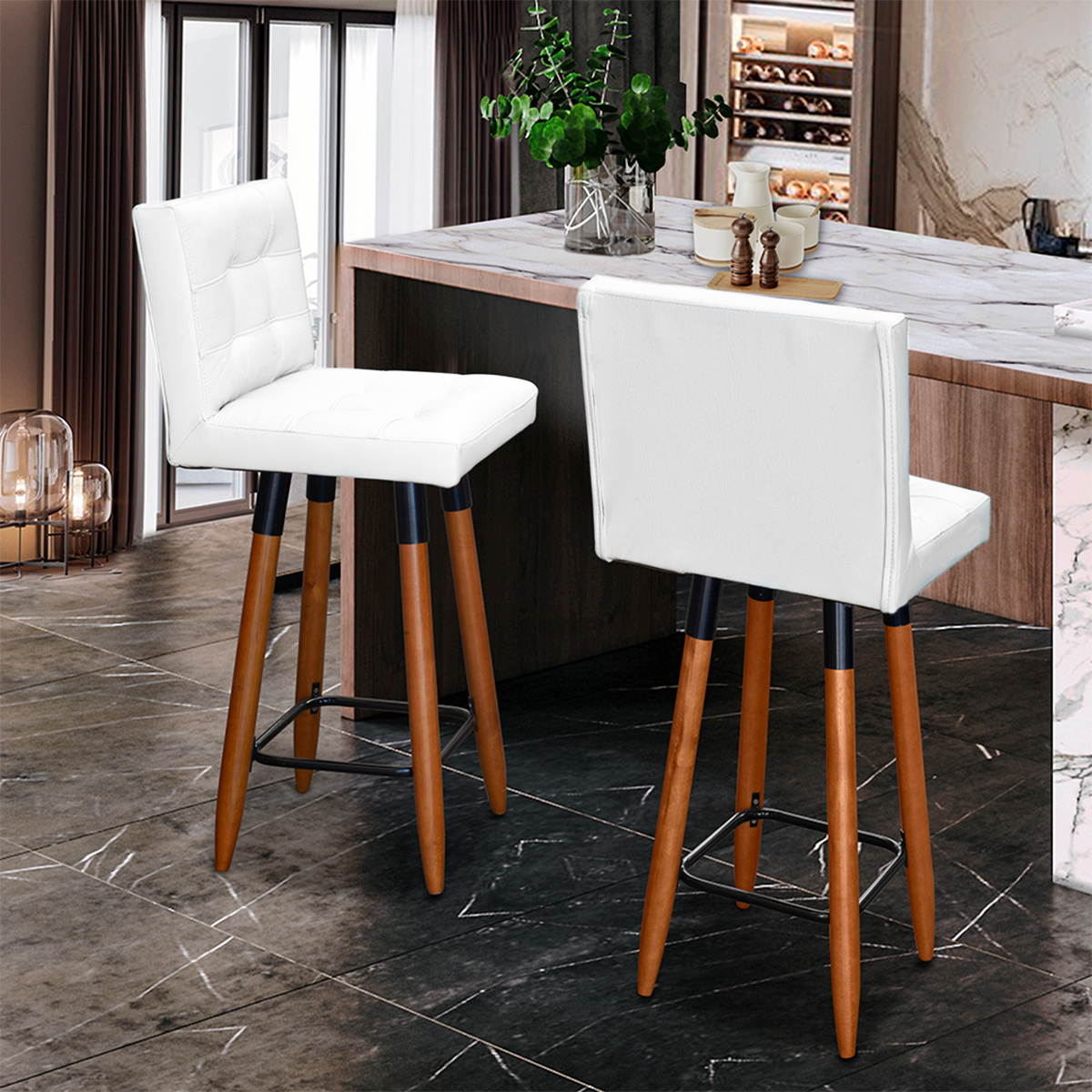 Kit 2 Banquetas Grace Alta Para Areá Gourmet E Balcão Área Gourmet Corino Branco Pé Castanho - Clique E Decore