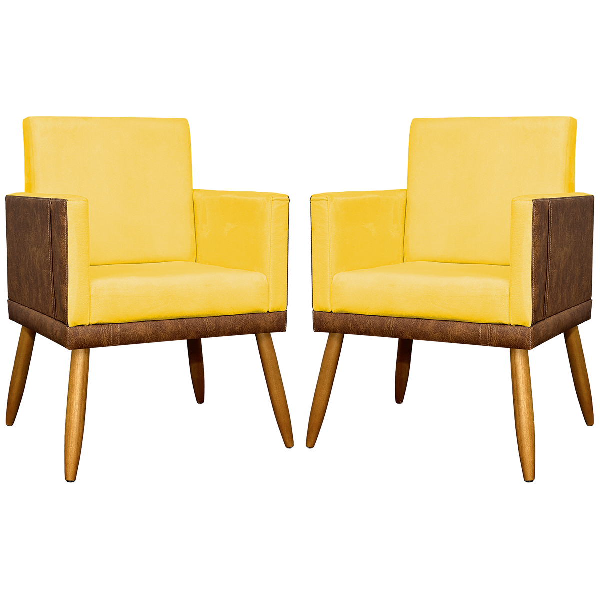Kit 2 Poltronas Decorativa Para Sala Recepção Consultório Cadeira Lis Corino Peroba e Suede Amarelo