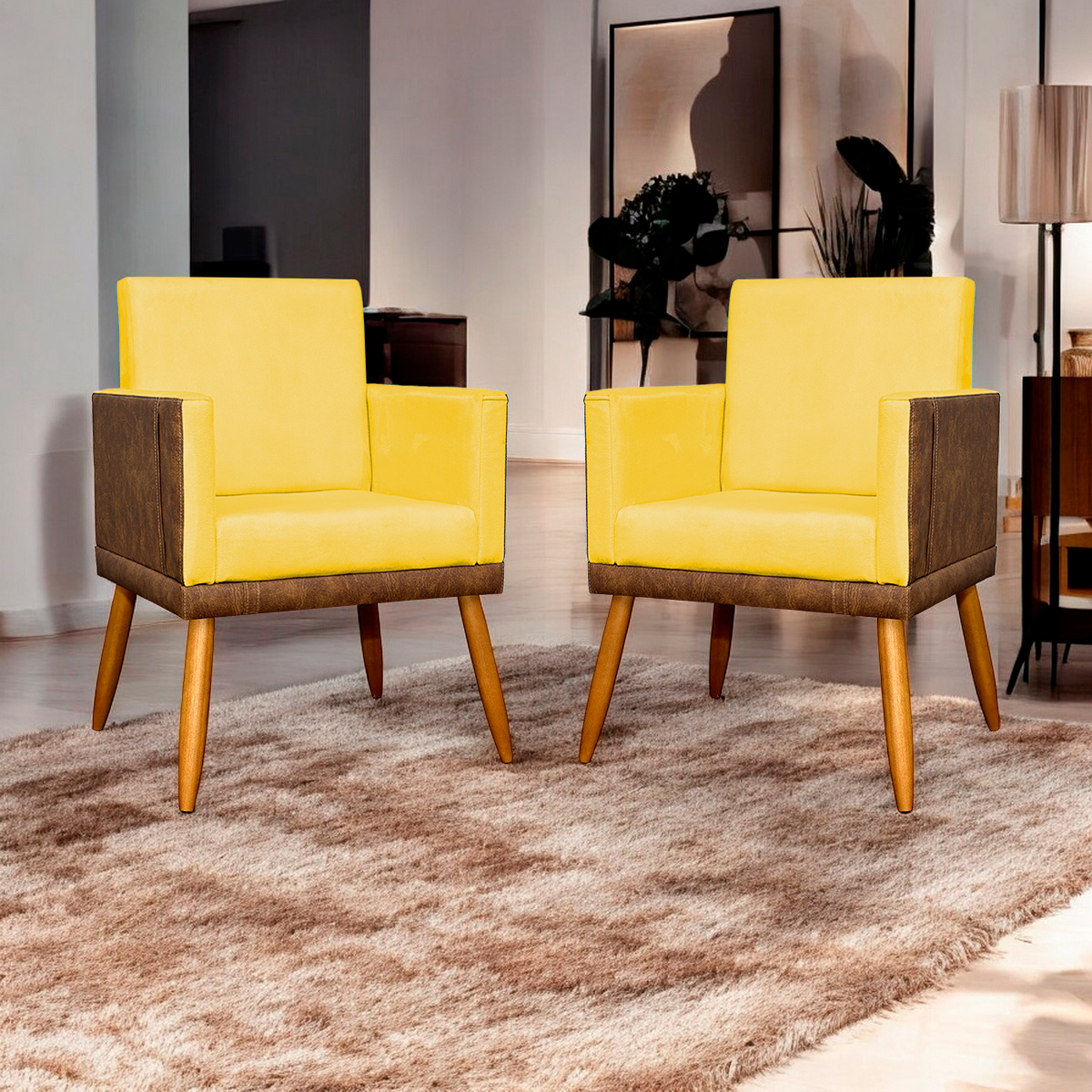 Kit 2 Poltronas Decorativa Para Sala Recepção Consultório Cadeira Lis Corino Peroba e Suede Amarelo