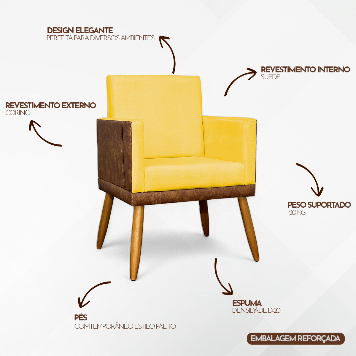 Kit 2 Poltronas Decorativa Para Sala Recepção Consultório Cadeira Lis Corino Peroba e Suede Amarelo