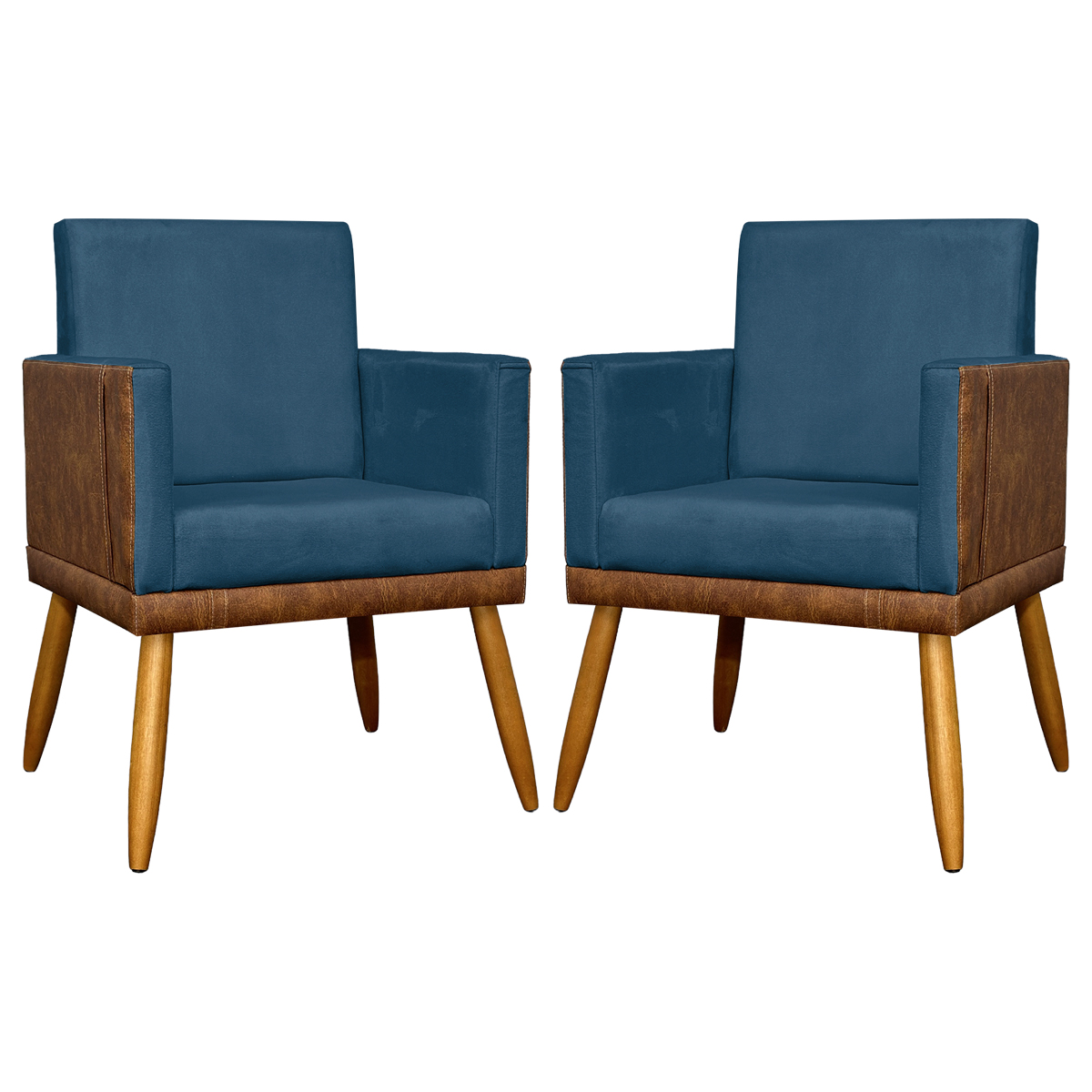 Kit 2 Poltronas Decorativa Para Sala Recepção Consultório Cadeira Lis Corino Peroba e Suede Azul Marinho