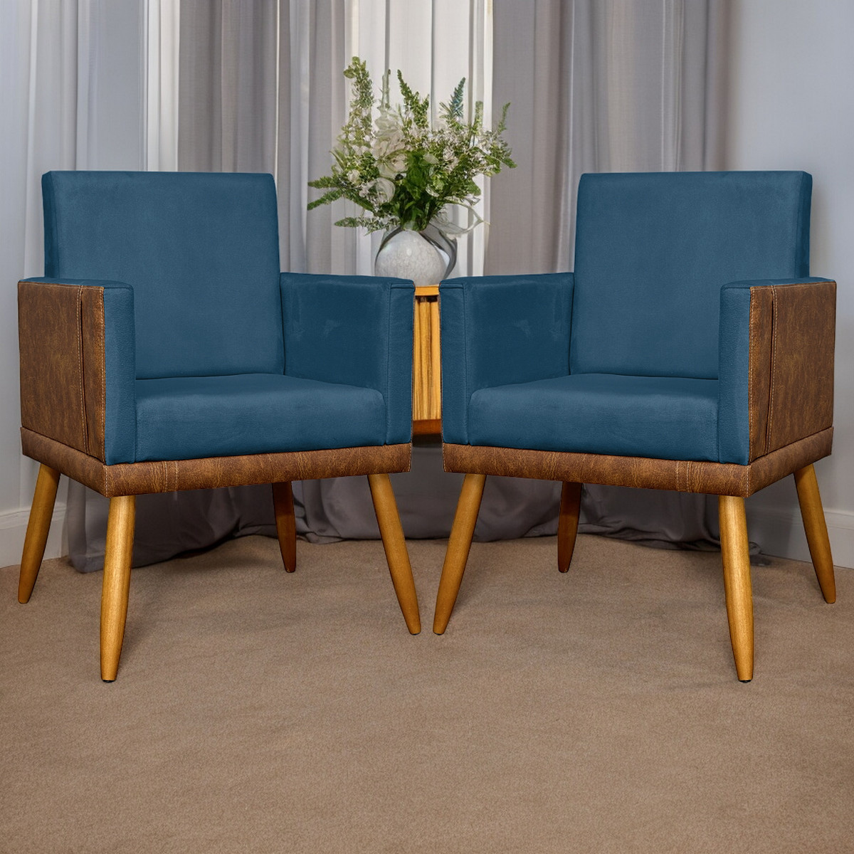 Kit 2 Poltronas Decorativa Para Sala Recepção Consultório Cadeira Lis Corino Peroba e Suede Azul Marinho