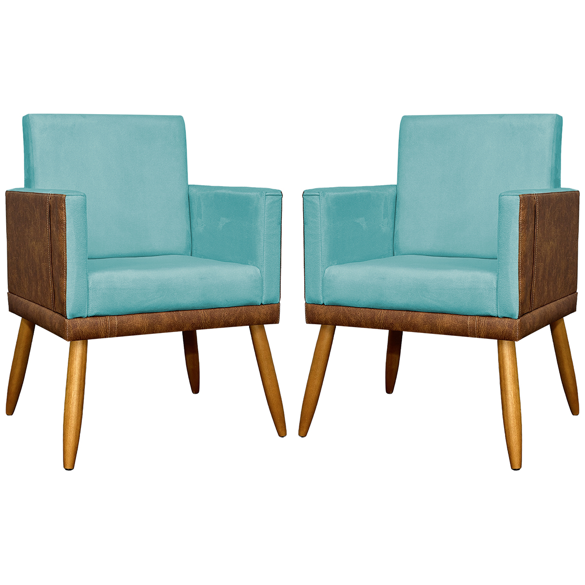 Kit 2 Poltronas Decorativa Para Sala Recepção Consultório Cadeira Lis Corino Peroba e Suede Azul Turquesa