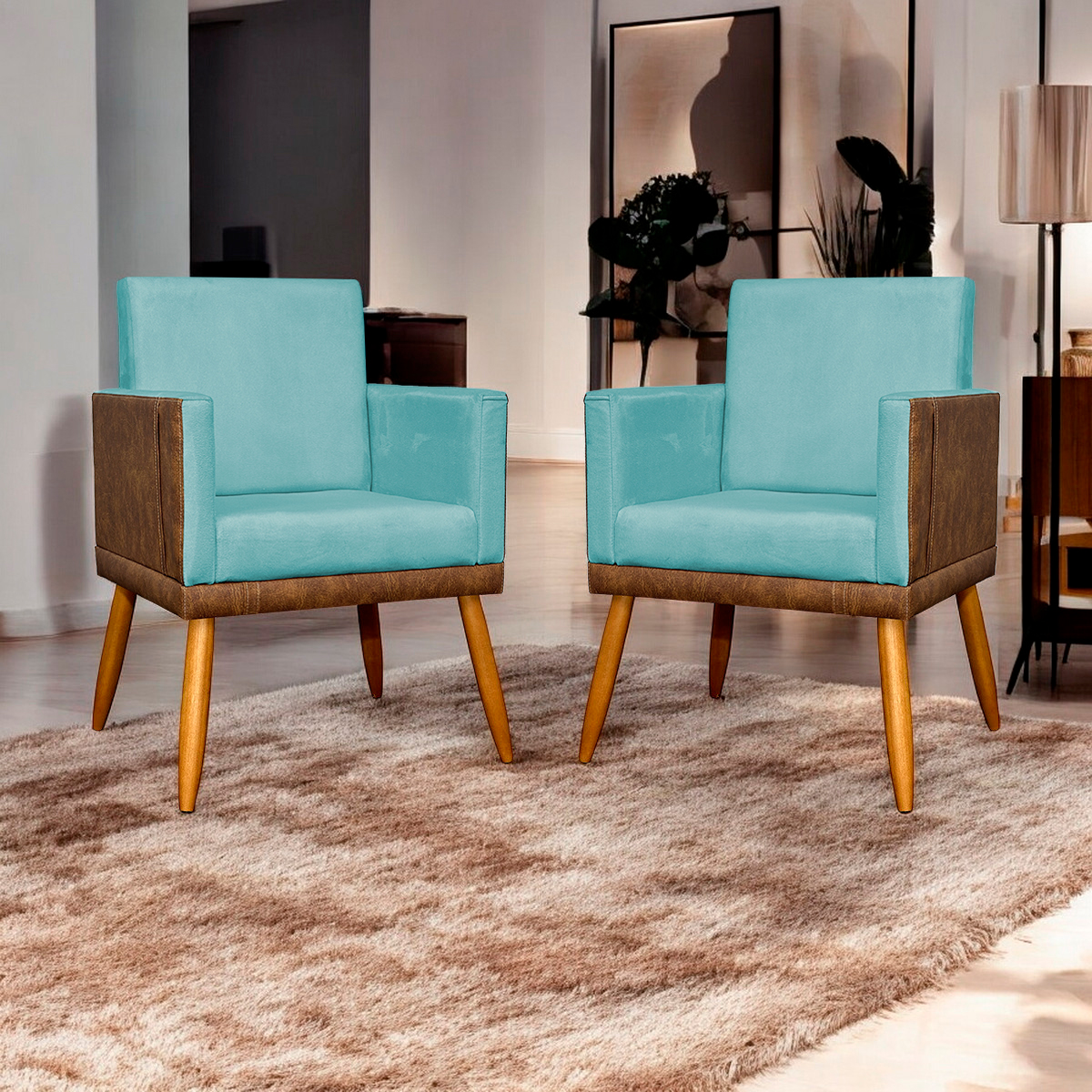 Kit 2 Poltronas Decorativa Para Sala Recepção Consultório Cadeira Lis Corino Peroba e Suede Azul Turquesa