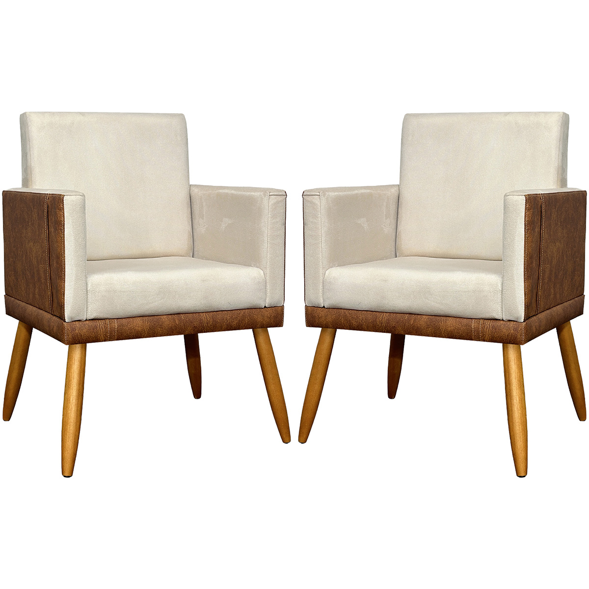 Kit 2 Poltronas Decorativa Para Sala Recepção Consultório Cadeira Lis Corino Peroba e Suede Bege