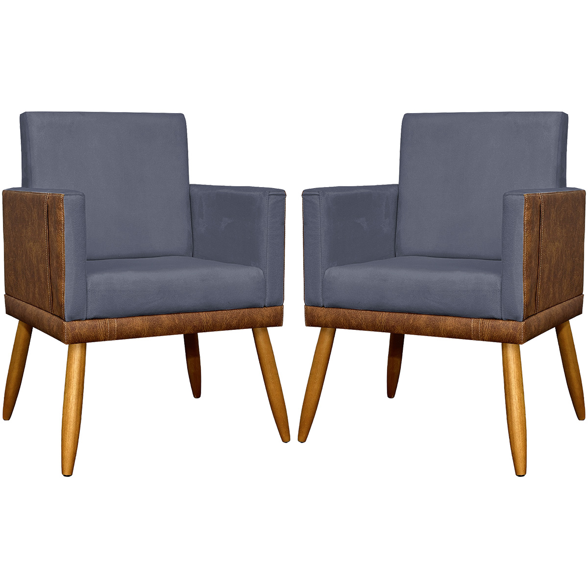 Kit 2 Poltronas Decorativa Para Sala Recepção Consultório Cadeira Lis Corino Peroba e Suede Cinza