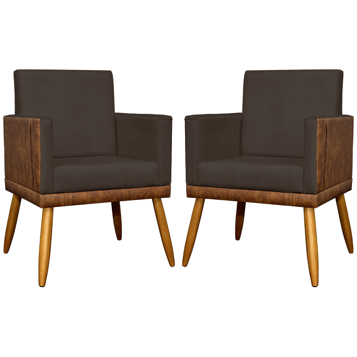 Kit 2 Poltronas Decorativa Para Sala Recepção Consultório Cadeira Lis Corino Peroba e Suede Marrom