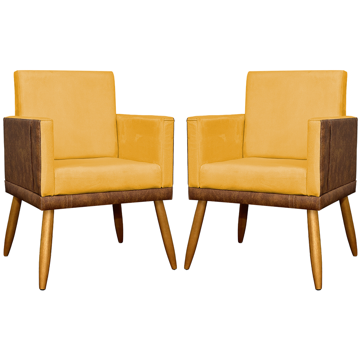 Kit 2 Poltronas Decorativa Para Sala Recepção Consultório Cadeira Lis Corino Peroba e Suede Mostarda