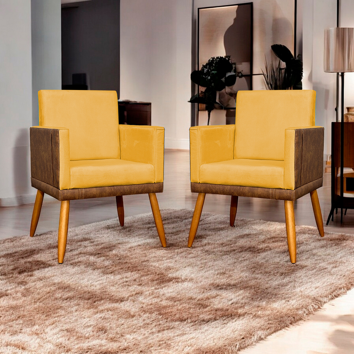 Kit 2 Poltronas Decorativa Para Sala Recepção Consultório Cadeira Lis Corino Peroba e Suede Mostarda