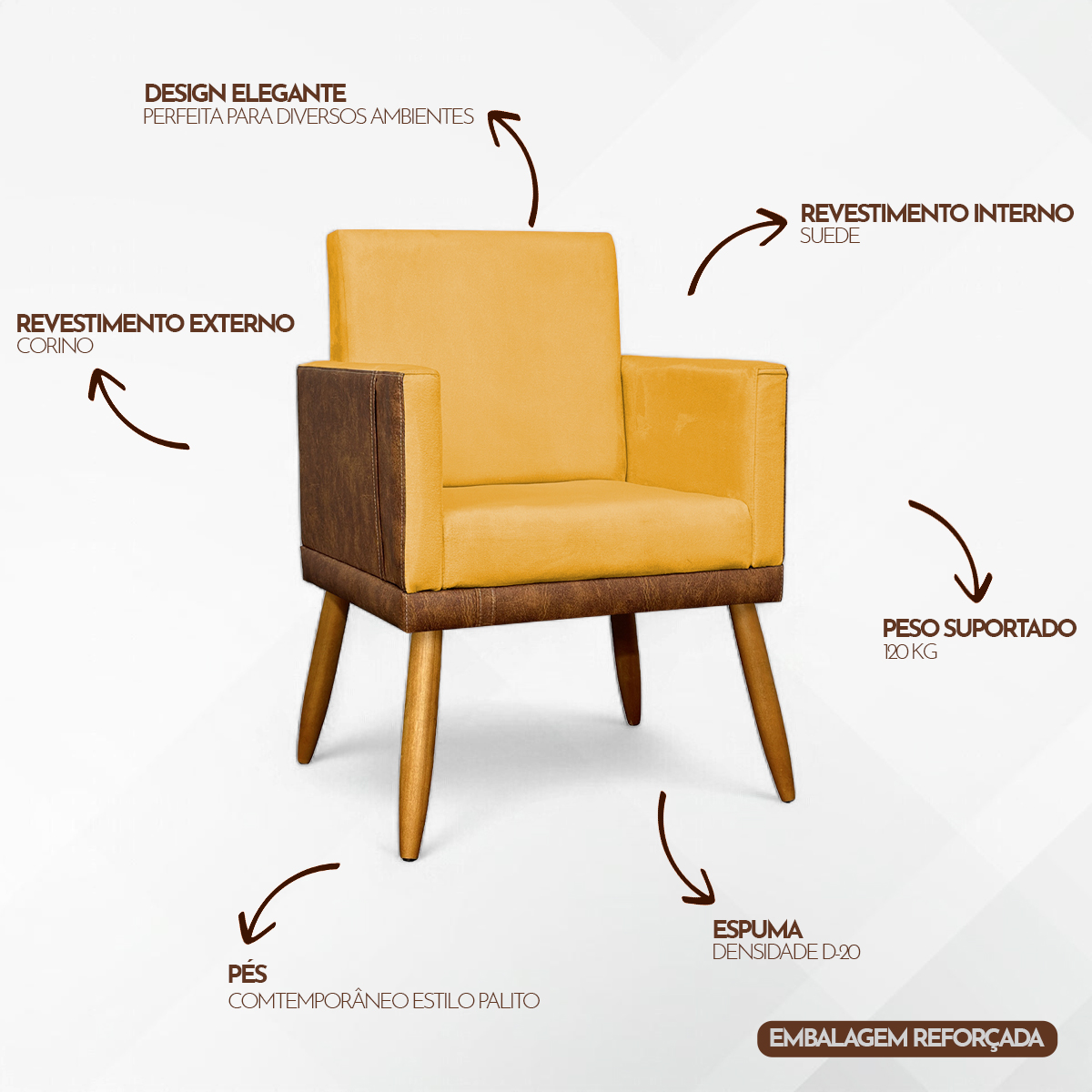 Kit 2 Poltronas Decorativa Para Sala Recepção Consultório Cadeira Lis Corino Peroba e Suede Mostarda