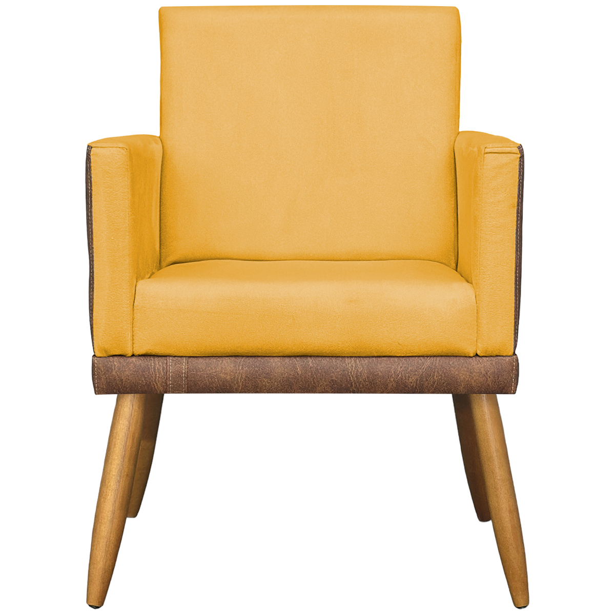Kit 2 Poltronas Decorativa Para Sala Recepção Consultório Cadeira Lis Corino Peroba e Suede Mostarda